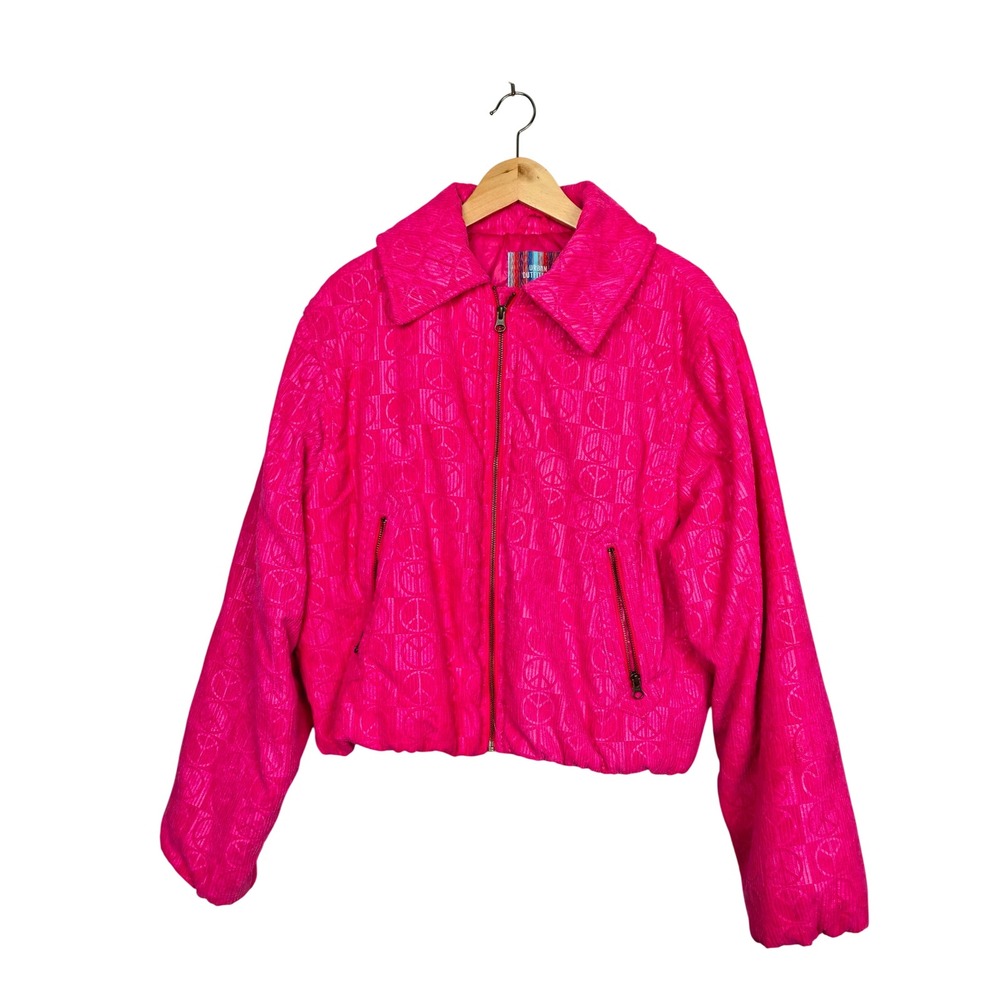 Urban Outfitters Pink Corduroy Peace Sign Quilted Crop Jacket Neon L